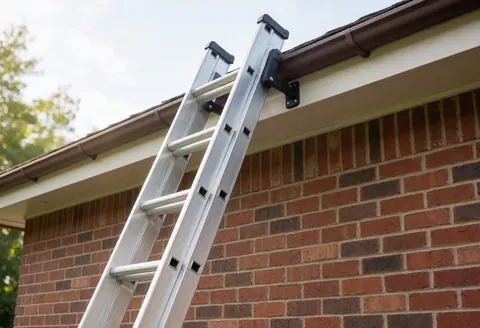 Fixed aluminum ladder attached to a brick wall with supports, suitable for roof repair work under natural light