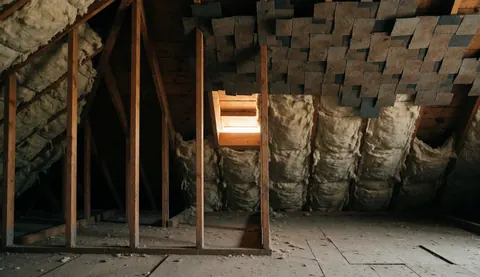 Attic ceiling with wooden beams, fiberglass insulation, and shingles, warm lighting from a window, suitable for text overlay