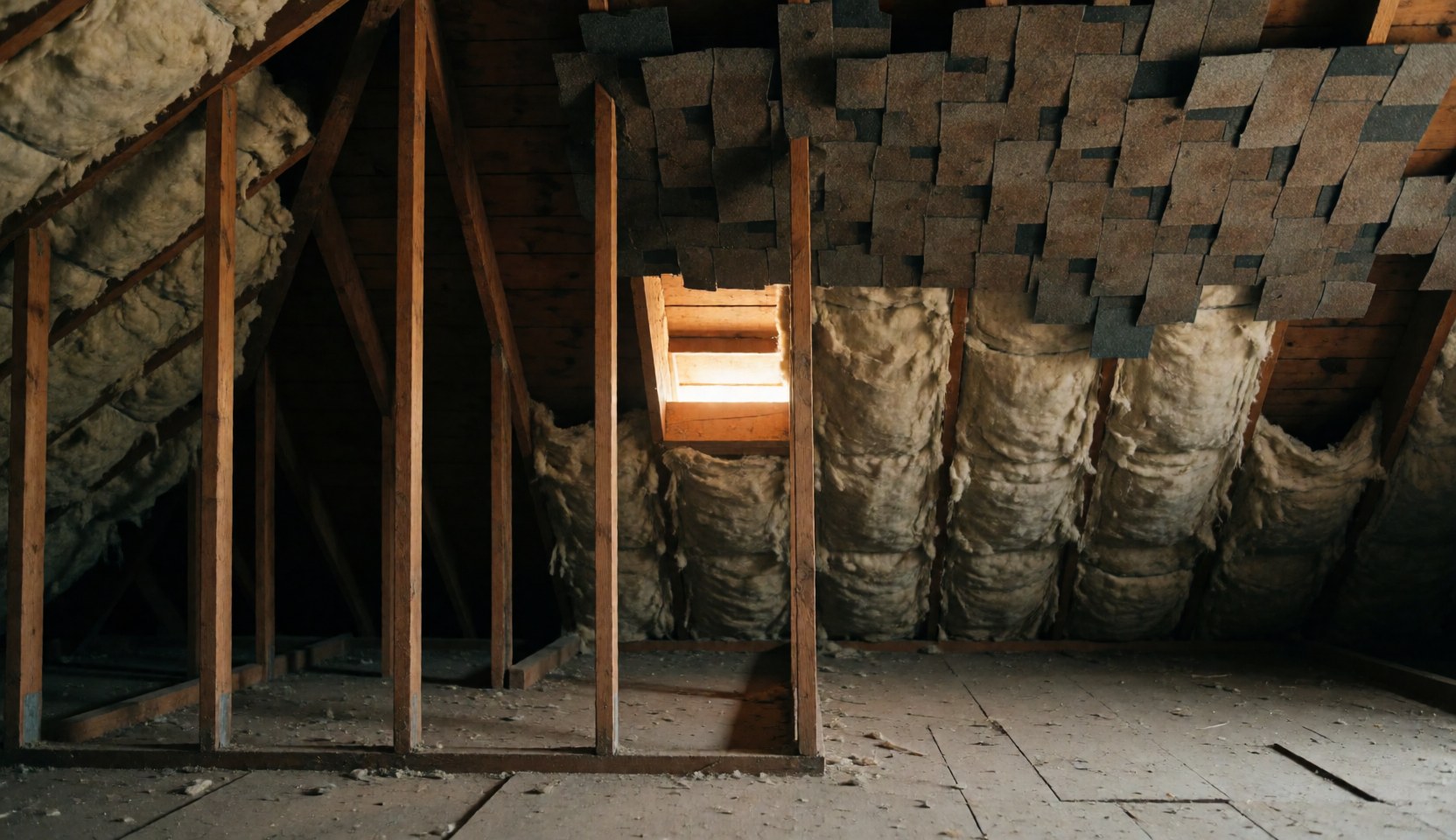 Attic ceiling with wooden beams, fiberglass insulation, and shingles, warm lighting from a window, suitable for text overlay