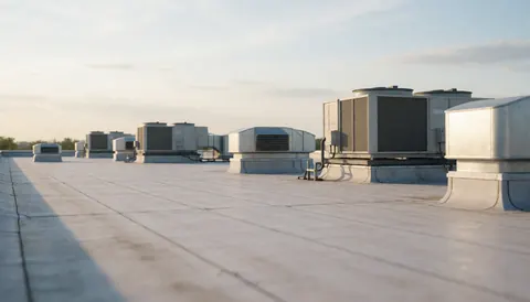 Flat roof background featuring air conditioning units, windows, and metal details, suitable for commercial text overlays.