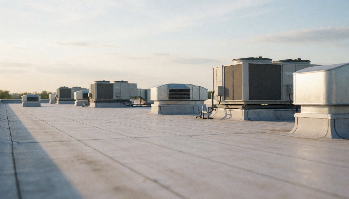 Flat roof background featuring air conditioning units, windows, and metal details, suitable for commercial text overlays.