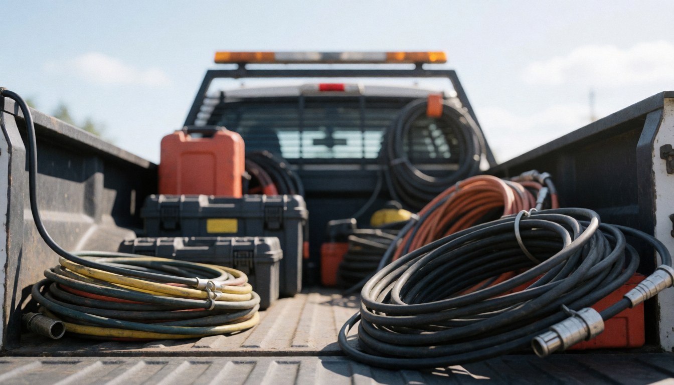 Tools and cables loaded in the bed of a work truck, suitable as a background for roof repair services in daylight.