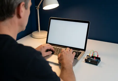 A programmer codes on a laptop while an Arduino board with blinking red and green LEDs sits on a white desk under a lamp against a dark blue wall.