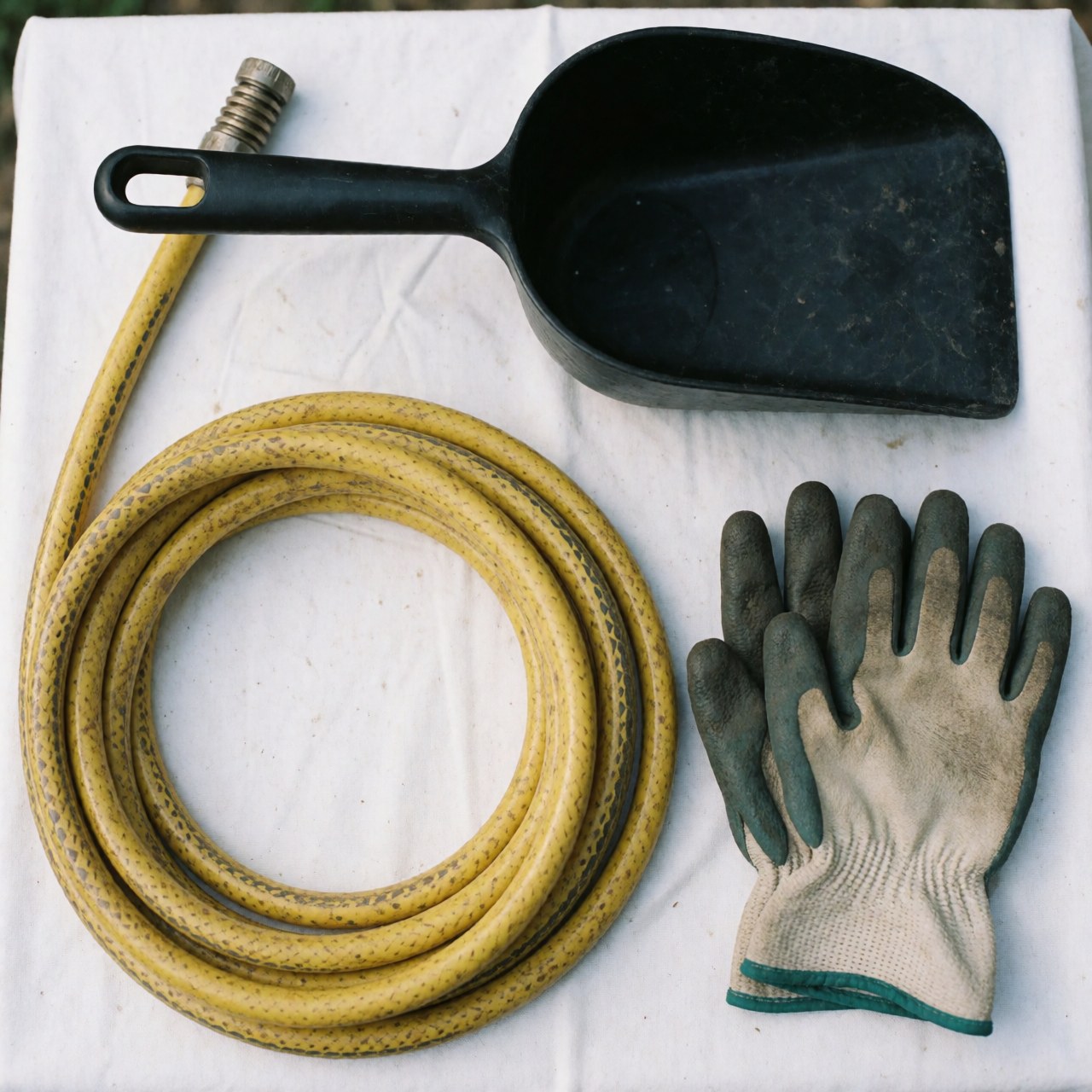 Dirty work gloves, a black shovel, and a yellow hose resting on a white cloth, used for roof maintenance and exterior cleaning tasks.