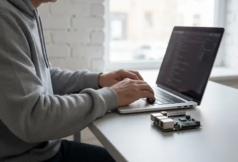 Person in gray hoodie coding on laptop with Raspberry Pi and camera on white desk near brick wall and window