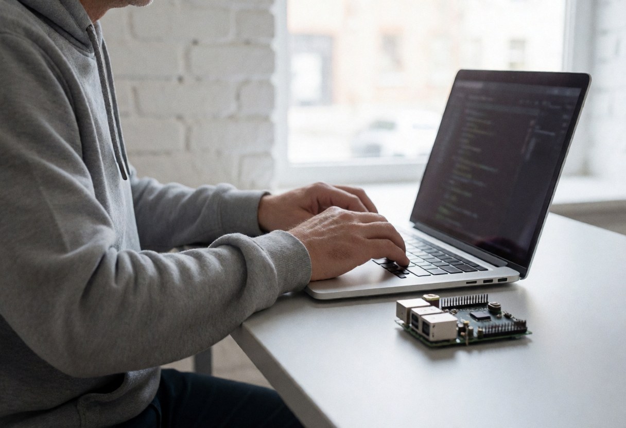 Person in gray hoodie coding on laptop with Raspberry Pi and camera on white desk near brick wall and window