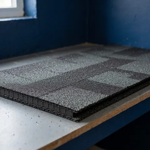 Class 4 impact-resistant roof shingle with dark granules showing reinforced structure on a workbench in a workshop with blue walls