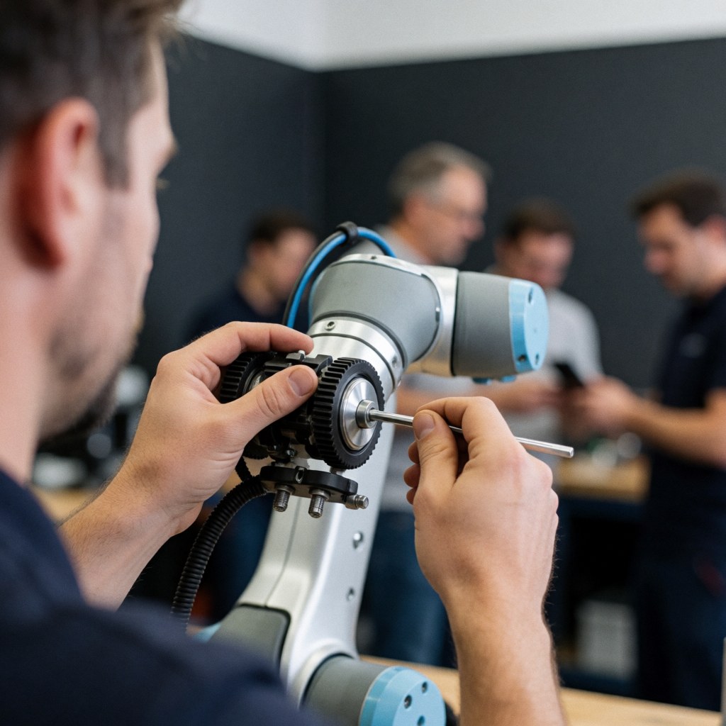 Close-up of hands using a hex key to adjust a gear on a robotic arm in a workshop with gray walls.