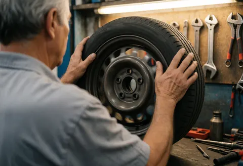 Mechanic checking a car wheel in a workshop with tools hanging on the wall, professional and realistic atmosphere