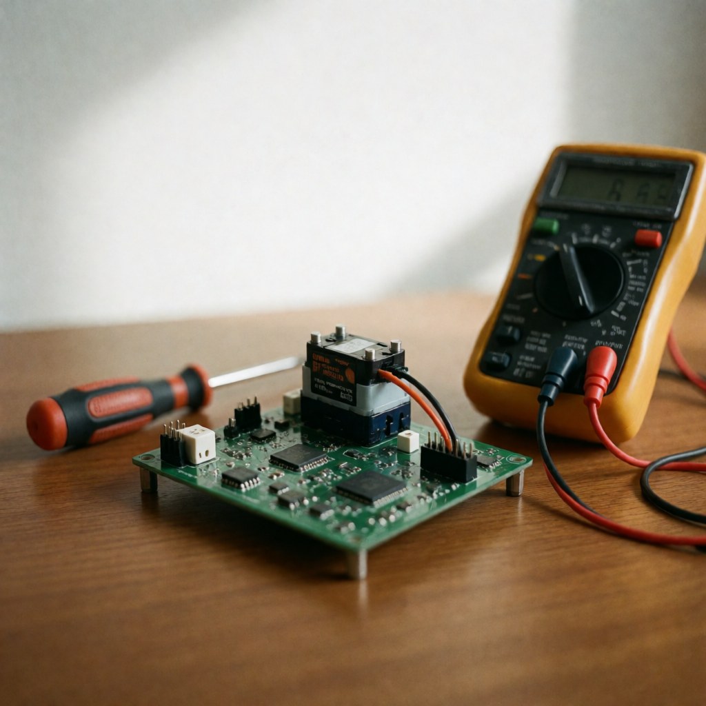 Green electronic circuit board with servo motor, yellow multimeter, and red and black screwdrivers on a wooden table against a blurred white background.