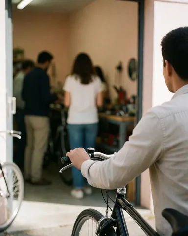 Back view of a customer pushing a bicycle toward the workshop entrance with a blurred background and natural light