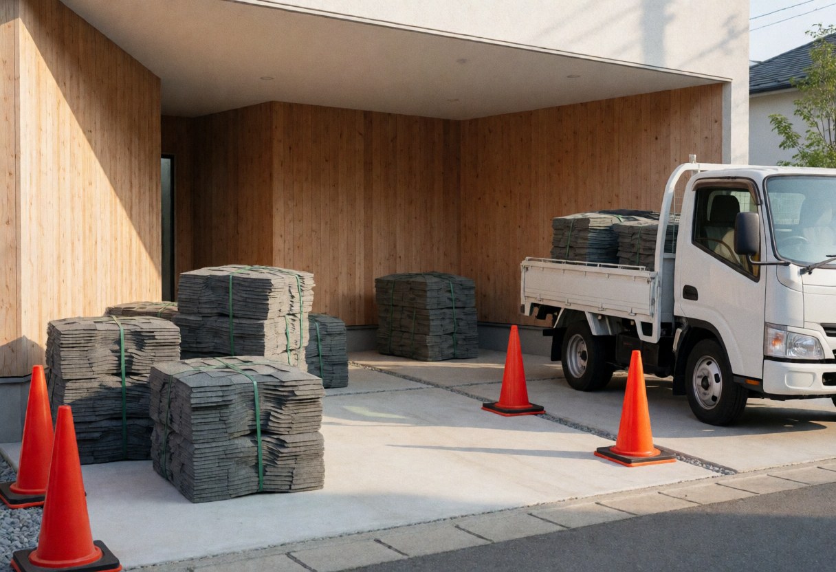 White truck carrying stacked gray shingles secured with green straps, orange cones, and light wooden walls at a construction site