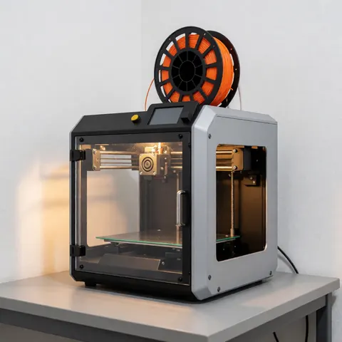 Modern 3D printer with orange filament spool, digital panel, and glass door on a gray desk in a clean office with white walls