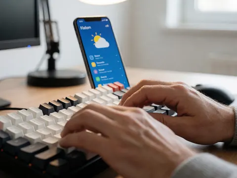 Close-up of hands typing on a black and white mechanical keyboard with a blurred cell phone displaying a weather app in the background.