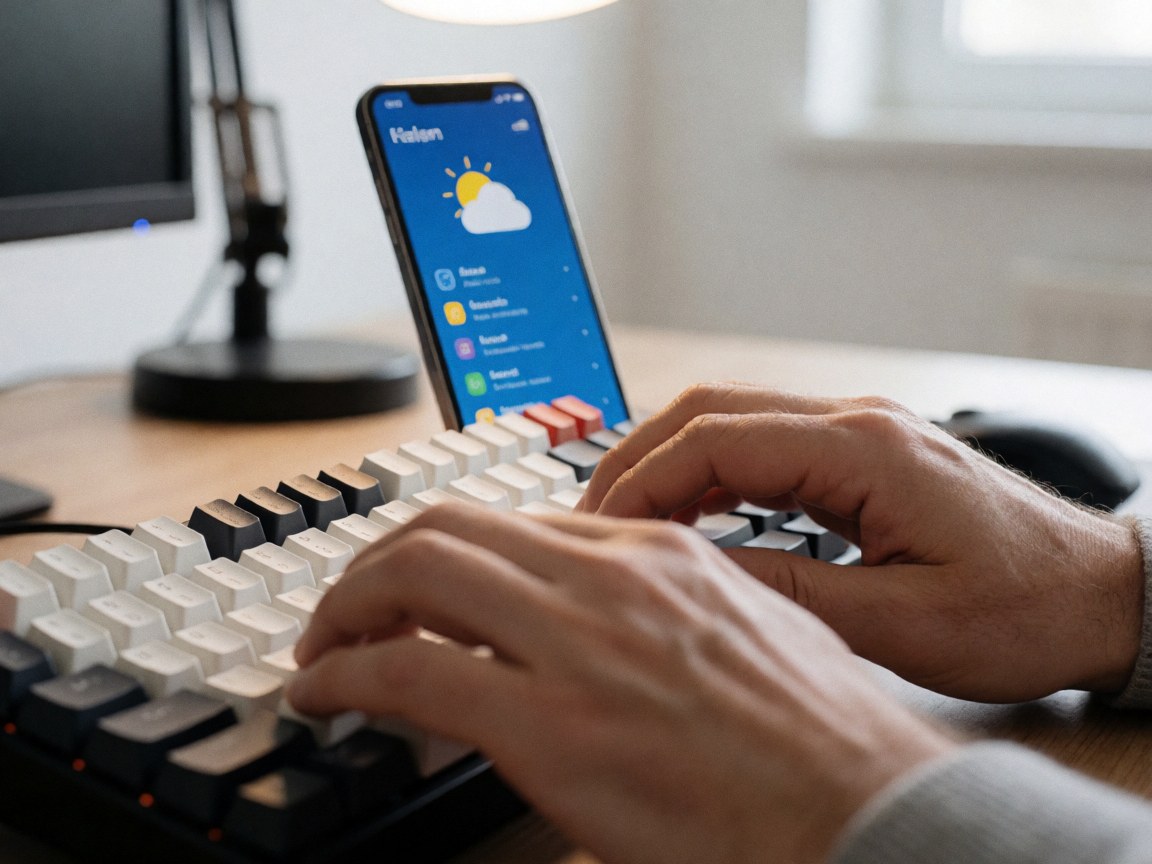 Close-up of hands typing on a black and white mechanical keyboard with a blurred cell phone displaying a weather app in the background.
