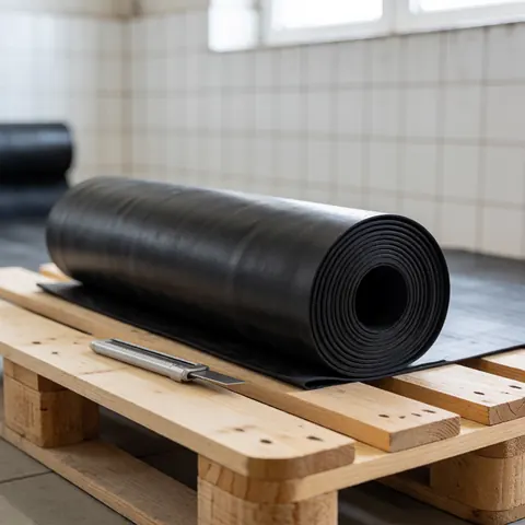 Black roofing membrane roll on a wooden pallet in a workshop with a utility knife and white tiled walls