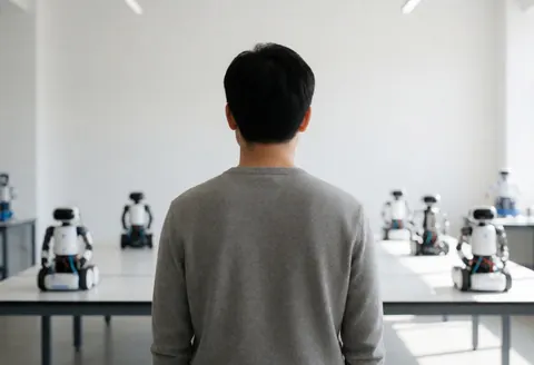 A person stands with their back to the camera, looking at robots displayed on tables in a bright, white-walled robotics workshop.