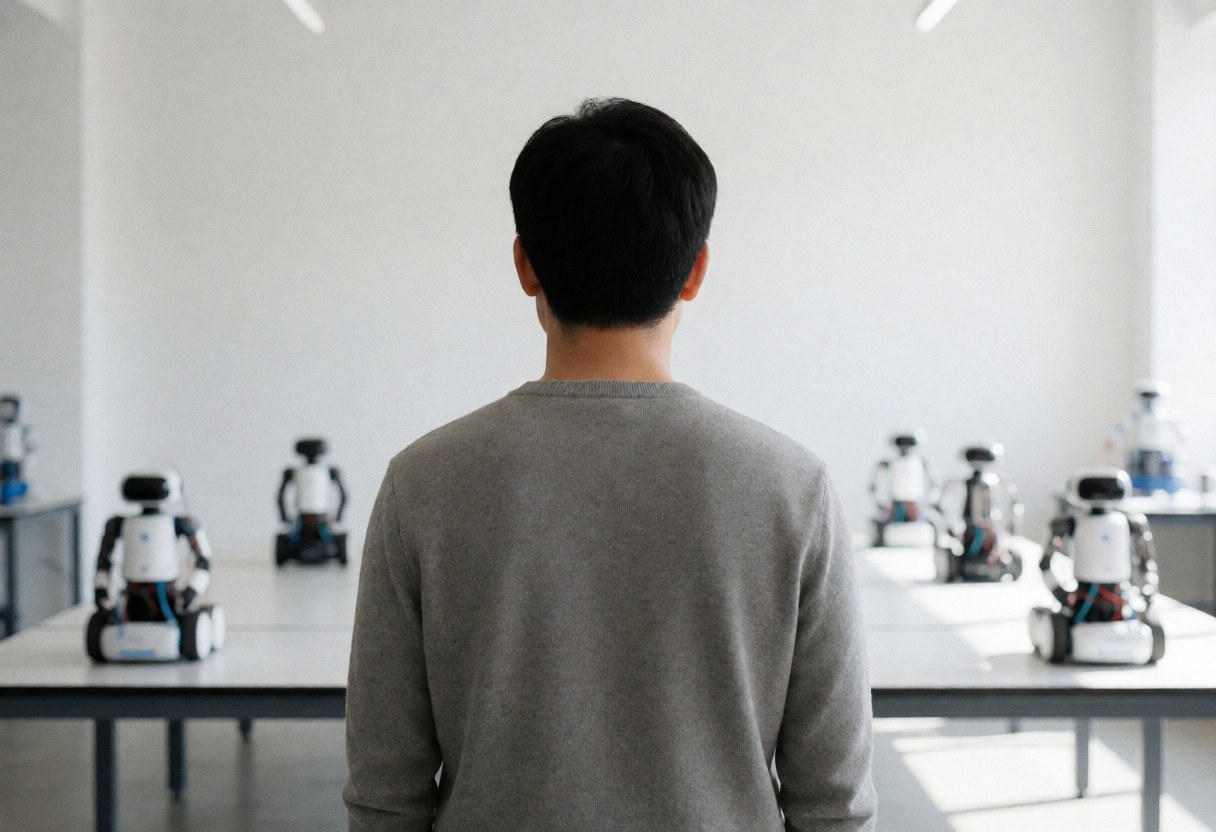 A person stands with their back to the camera, looking at robots displayed on tables in a bright, white-walled robotics workshop.