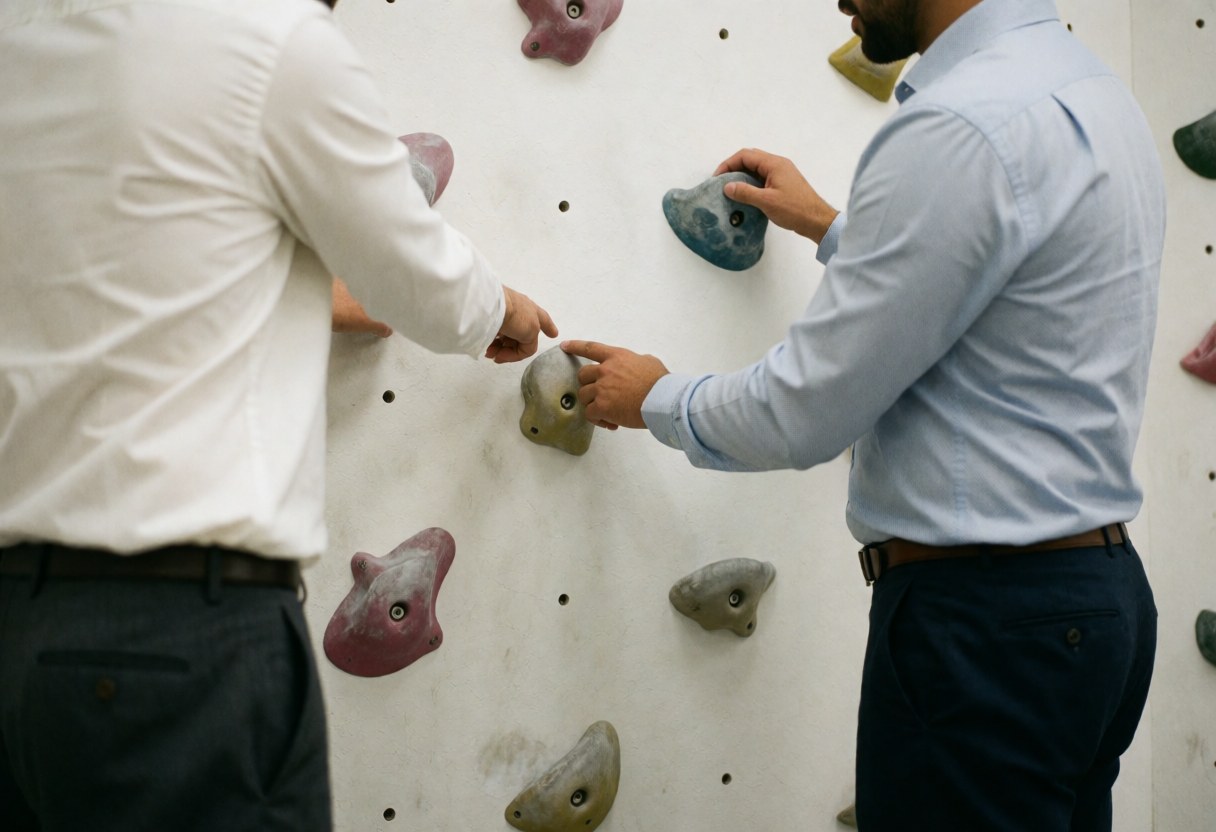 Two adults in casual attire work together on a white indoor climbing wall, with one person pointing to a hold while the other touches it.