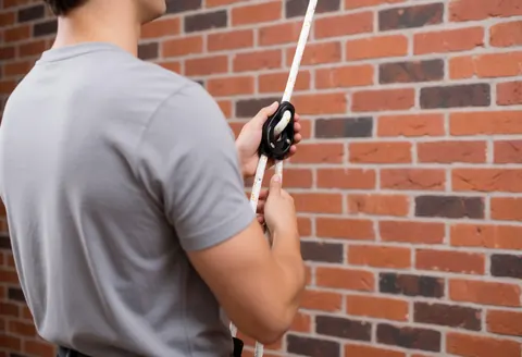 Close-up of a black belay device attached to a red brick wall with a white climbing rope ready for use