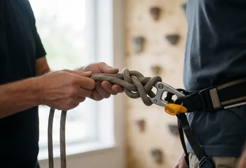 Close-up of an instructor tying a secure climbing knot on a client's harness with rope and belay device visible against a blurred climbing wall background.