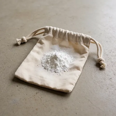 Beige fabric chalk bag with white chalk powder scattered on textured concrete floor under soft natural lighting