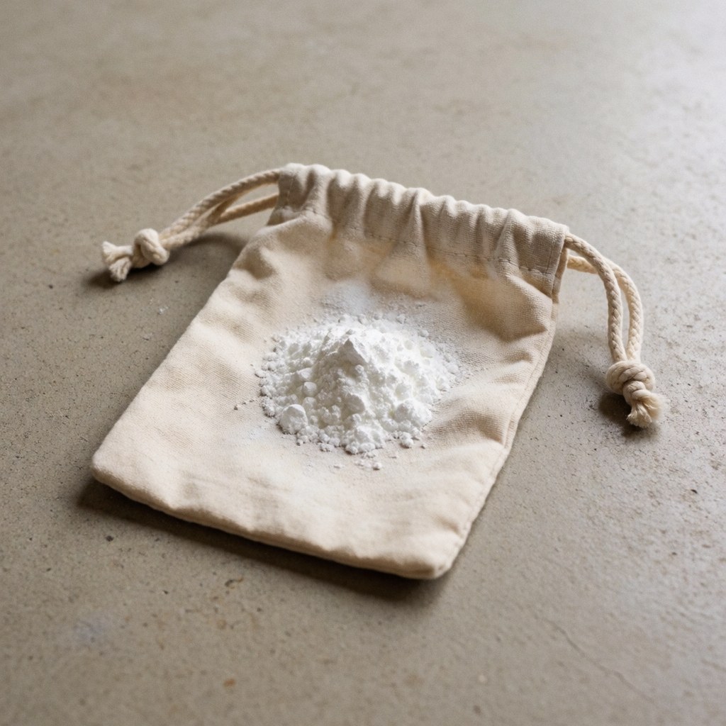Beige fabric chalk bag with white chalk powder scattered on textured concrete floor under soft natural lighting