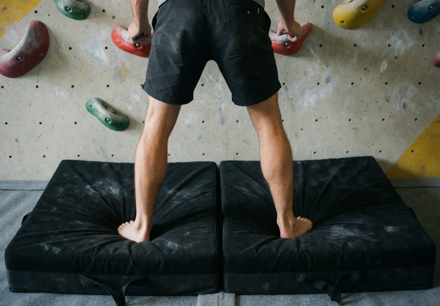 Climbing atmosphere with visible wall and hanging holds, a climber in dark shorts on black mats, natural light highlights the texture of the holds and floor.