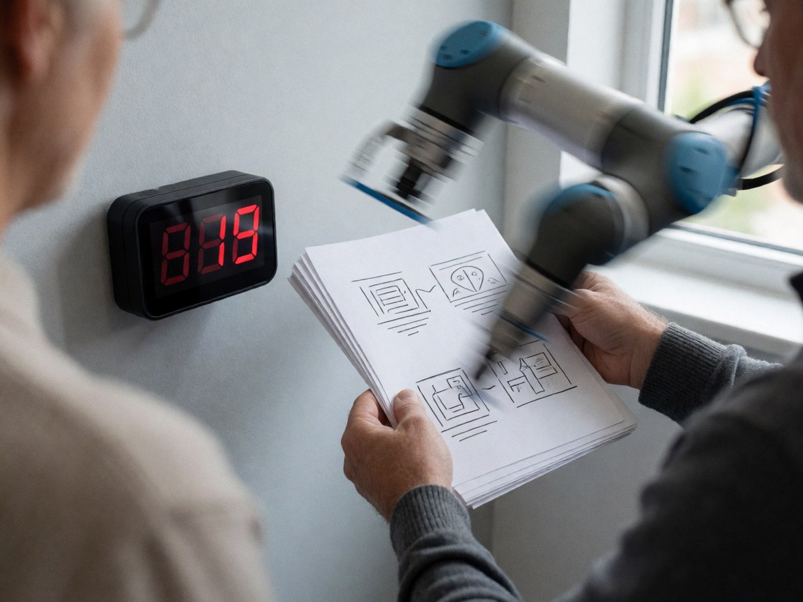 Hands reviewing technical plans with a moving robotic arm near a red digital clock in a robotics workshop with gray walls