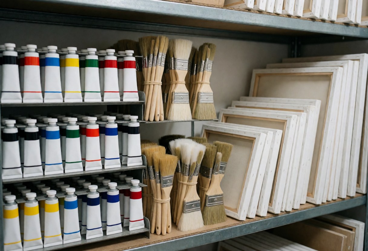 Metal shelf holding primary color paint tubes, tied brushes, and blank canvases ready for painting in bright, organized lighting.