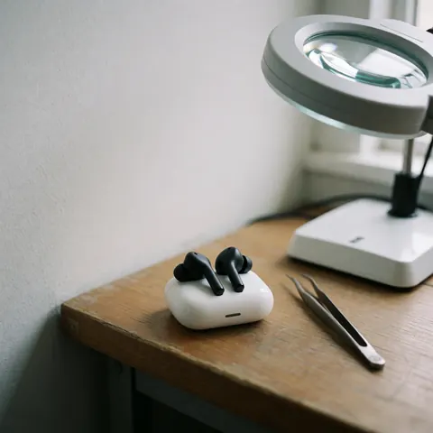 Black wireless earbuds resting in their white case on a wooden desk alongside tweezers and a magnifying lamp with natural window light