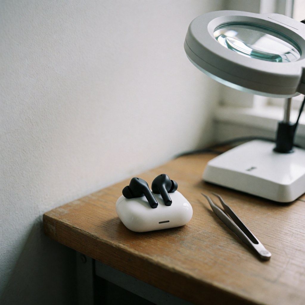 Black wireless earbuds resting in their white case on a wooden desk alongside tweezers and a magnifying lamp with natural window light