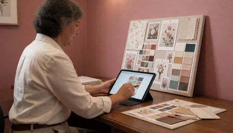 A wedding professional works on a tablet beside an inspiration board with fabric and flowers on a wooden table against pink walls