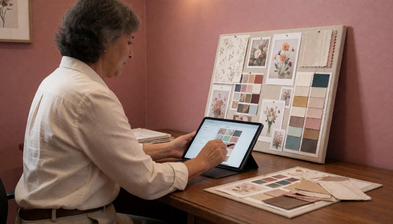 A wedding professional works on a tablet beside an inspiration board with fabric and flowers on a wooden table against pink walls
