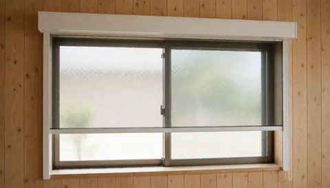Close-up of a white retractable window screen installed in a light wood frame with soft natural lighting, suitable for window repair services.