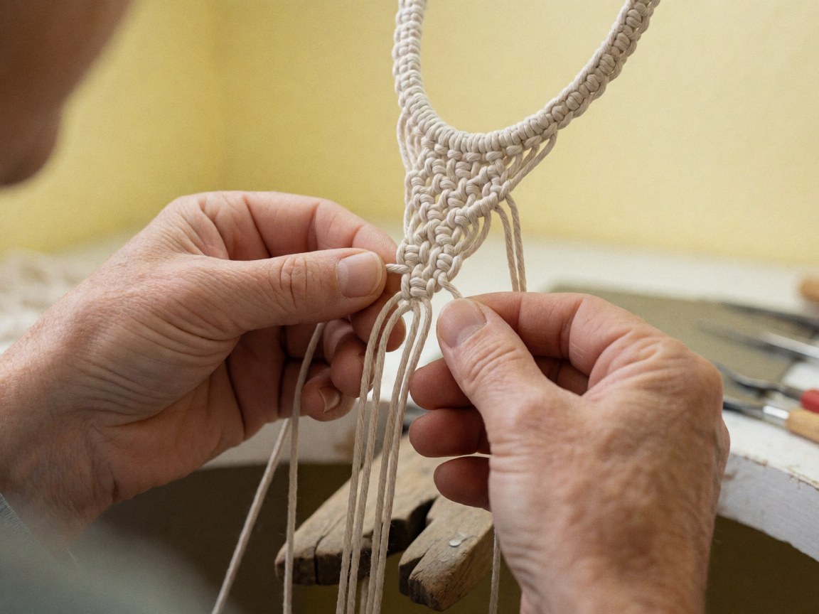 Close-up of adult hands working with white cord on a pale yellow background, showing the texture of the macrame knots and braids in progress