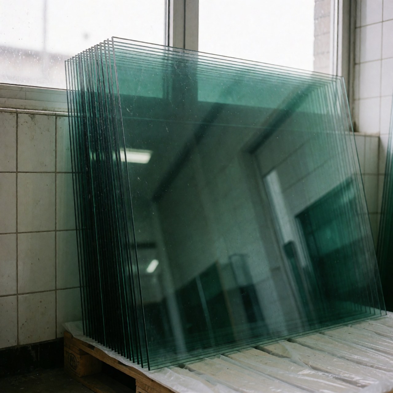 Green tinted solar glass panels stacked on a wooden pallet against white tiled walls with natural window light