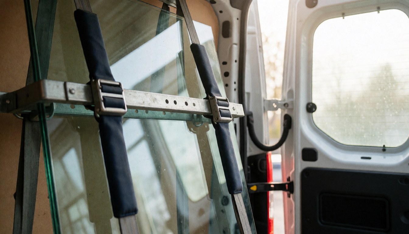 Metal clamps with protective straps holding a transparent glass panel inside a white pickup truck with natural light entering through the open rear door