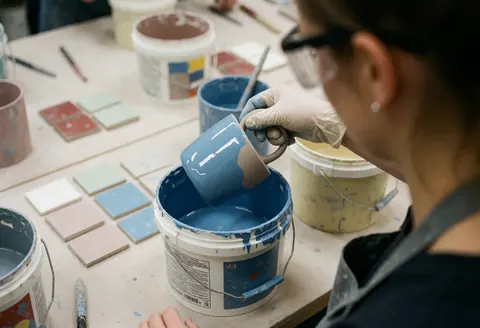 A person wearing safety gear applies blue glaze to a cup on a table with ceramic samples and glaze containers