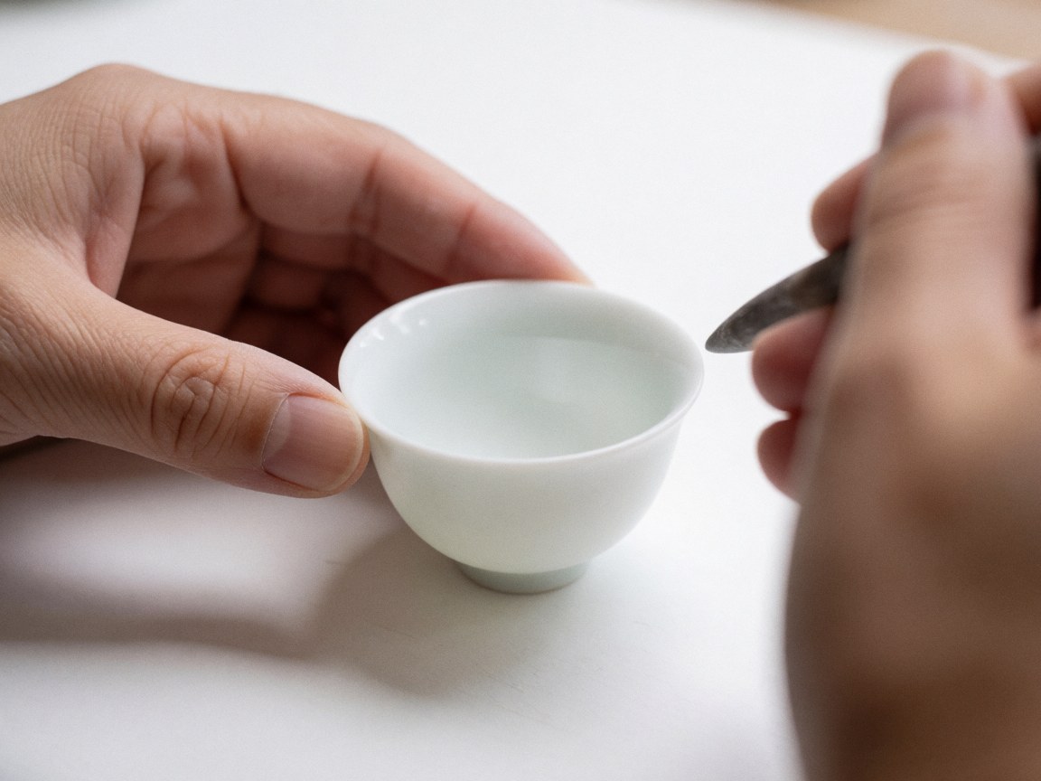 Close-up of hands using a metal tool to carve details on a small white ceramic cup against a clean white background