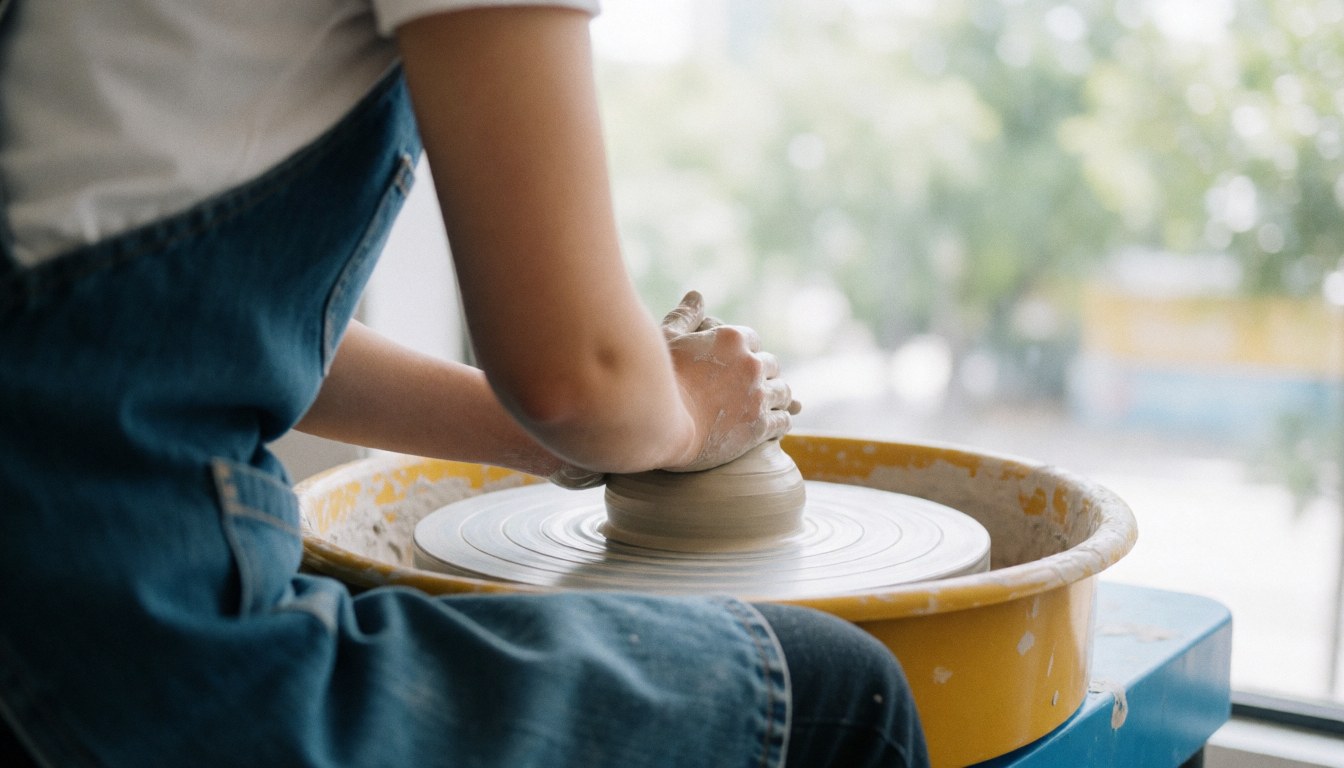 Hands centering gray clay on a yellow pottery wheel in a serene workshop setting with natural window light