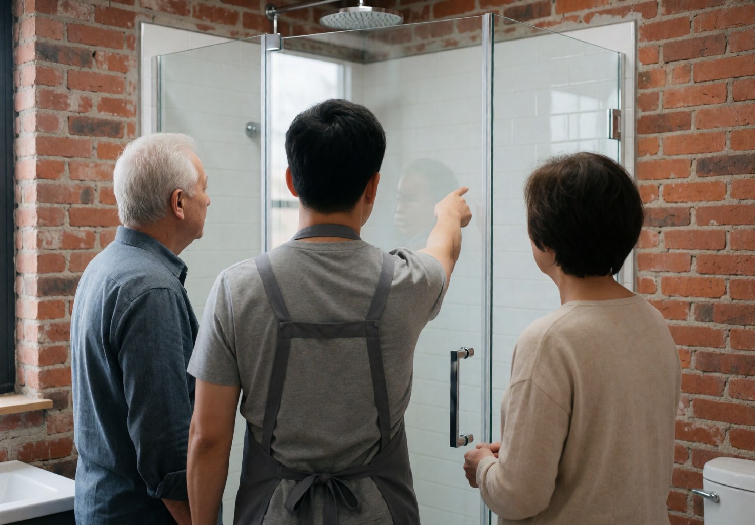 Technician in apron displays glass shower finish to client in bathroom with brick walls