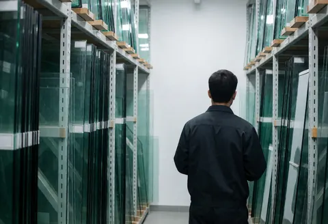 A glass installer views metal racks filled with glass sheets from behind in a well-lit, organized warehouse.