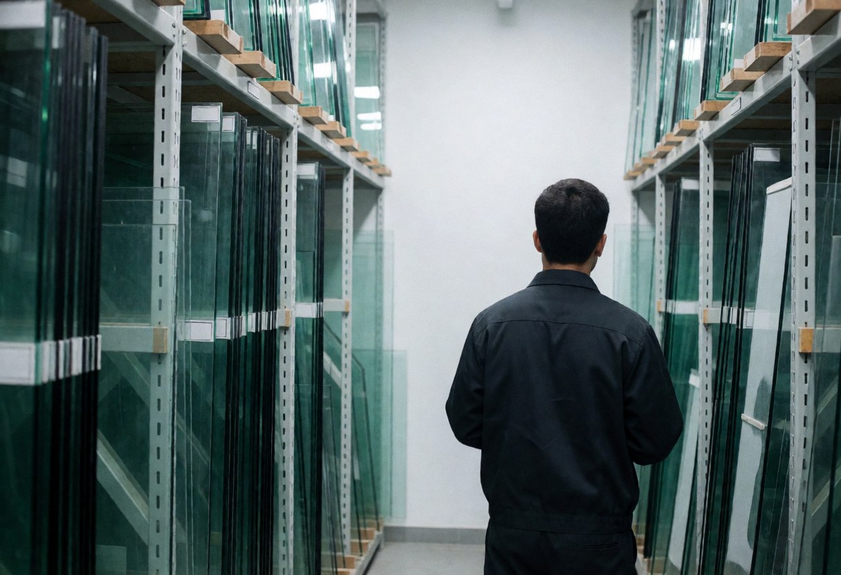 A glass installer views metal racks filled with glass sheets from behind in a well-lit, organized warehouse.