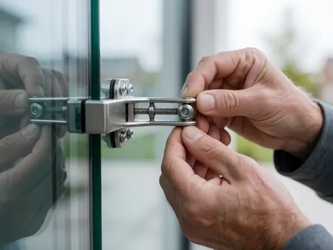 Close-up of hands securing a metal bracket to a glass window pane with natural light and a blurred background.