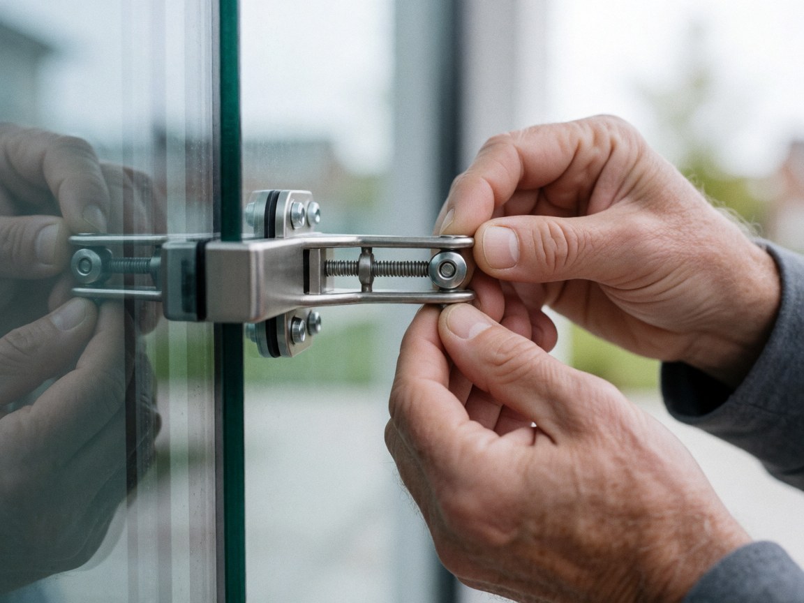 Close-up of hands securing a metal bracket to a glass window pane with natural light and a blurred background.