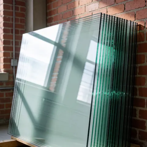 Stacks of laminated glass leaning against a brick wall with visible interlayer, industrial lighting, and window reflections.