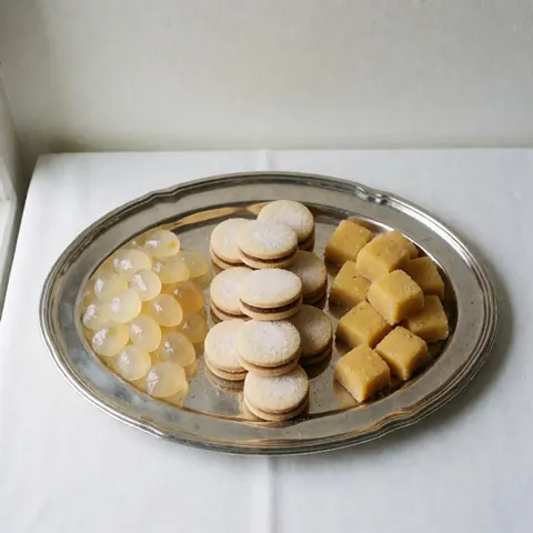 Silver platter featuring Chilean sweets like mote con huesillos, alfajores, and pastel de choclo on a white tablecloth with natural lighting.