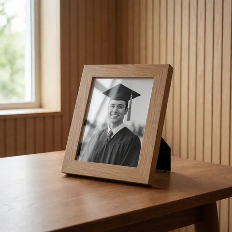 A wooden frame containing a black and white photo of a smiling graduate, displayed on a wooden table against a slatted wall background.