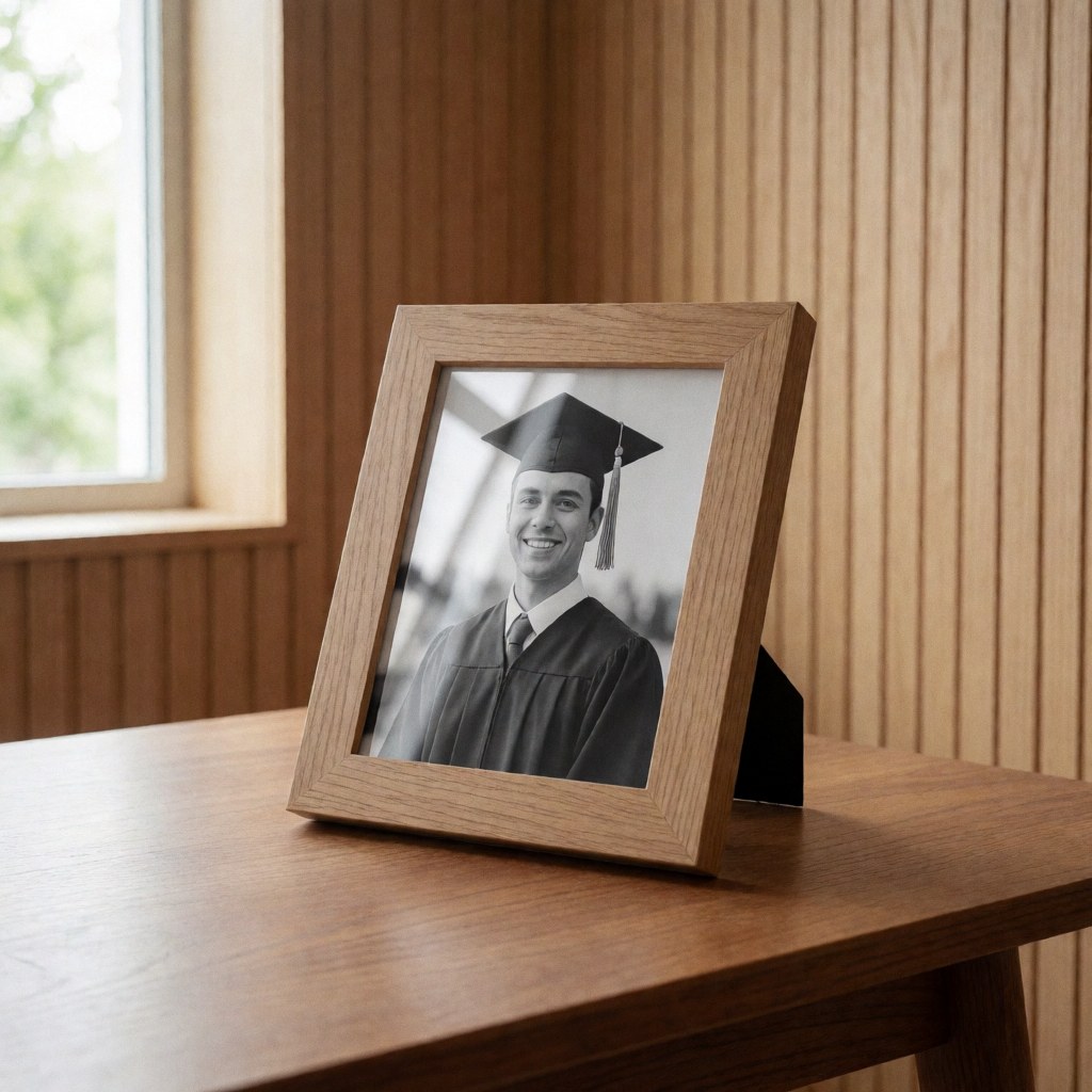 A wooden frame containing a black and white photo of a smiling graduate, displayed on a wooden table against a slatted wall background.
